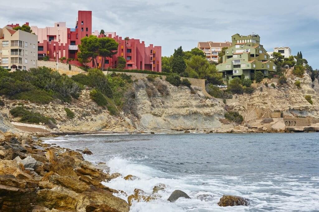 Spanish mediterranean coastline in Alicante. La manzanera. Red wall. Calpe