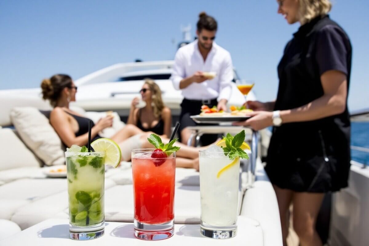 Deliciosos cócteles y catering gourmet a bordo para tu despedida de soltera barco Ibiza.