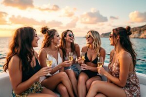 Grupo de amigas disfrutando de una despedida de soltera barco Ibiza de lujo al atardecer.