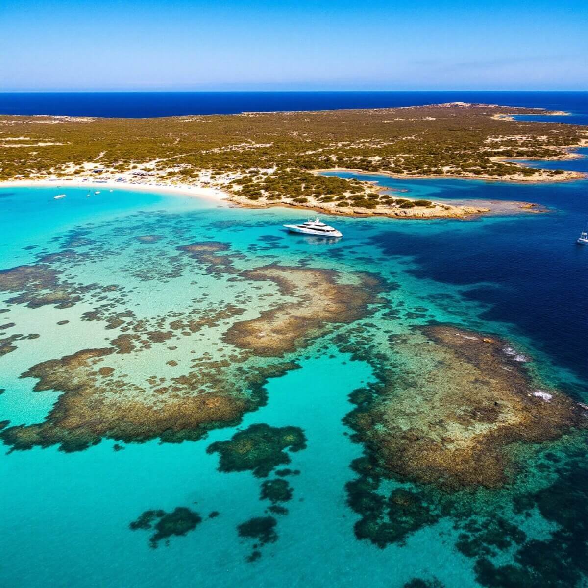 Vista aérea de la impresionante playa de Ses Illetes en Formentera, con un yate fondeado en las aguas poco profundas, un destino ideal para el playas Formentera barco.