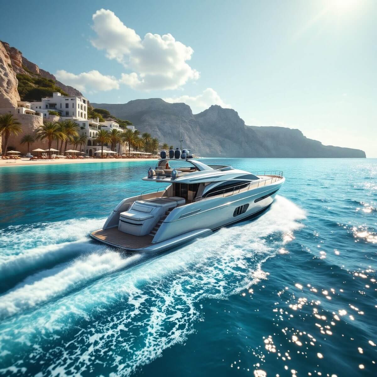 Un moderno yate a motor navegando cerca de las icónicas playas de Ibiza, representando la experiencia de alquiler de yates de lujo Ibiza.