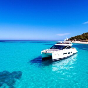 Yate fondeado en las aguas tranquilas y turquesas de Cala Saona, una de las mejores playas Formentera barco para visitar